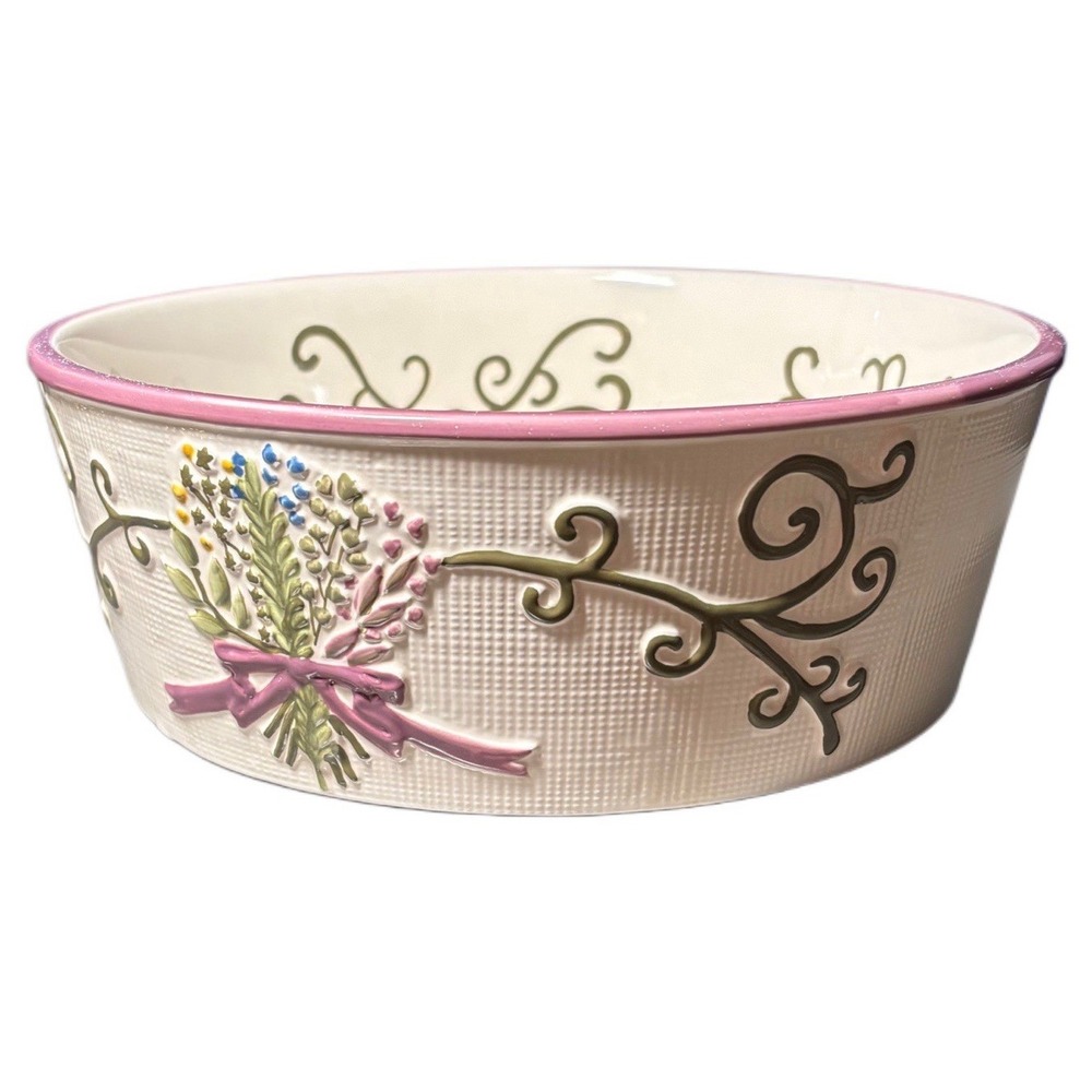 Temp-tations by Tara Bistro Ceramic Bowl Floral Herb Garden Pink Trim Cream